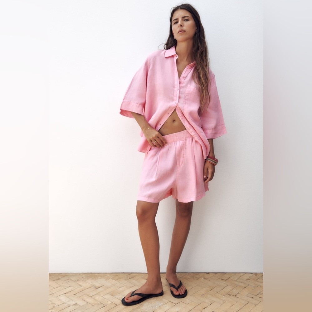 Zara Pink Relaxed Linen Shirt and Shorts Set